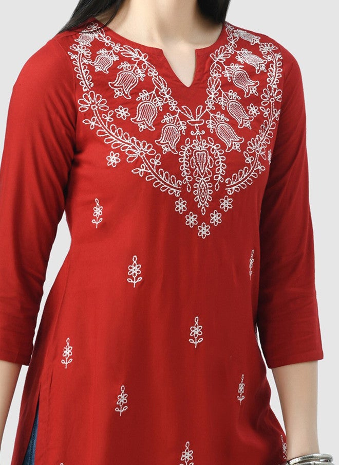 QAZMI Floral Embroidered Chikankari Work Kurti - Image 2